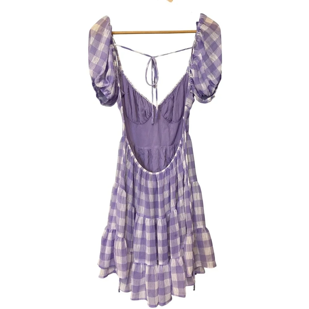 Princess Polly Purple Gingham Tiered Mini Dress Open Back Puff Sleeve Womens 4 - Picture 2 of 8